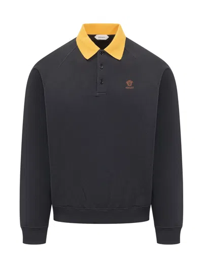 Versace Classic Sweatshirt With Collar And Buttons In Blue