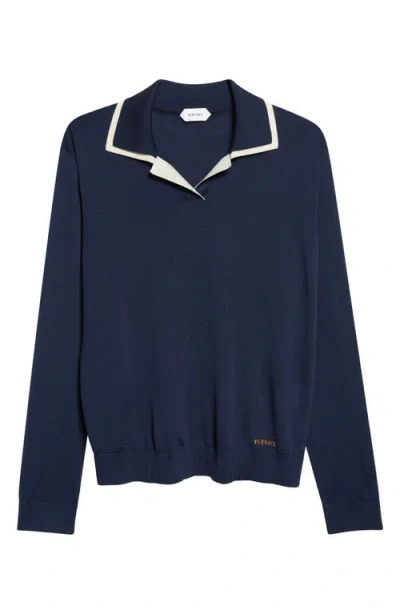 Versace Classic Wool Blend Polo Sweater In Blue
