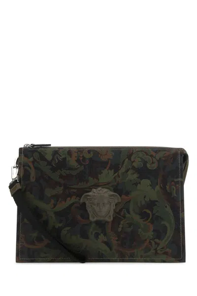 Versace Medusa Printed Zipped Clutch Bag In Camouflage