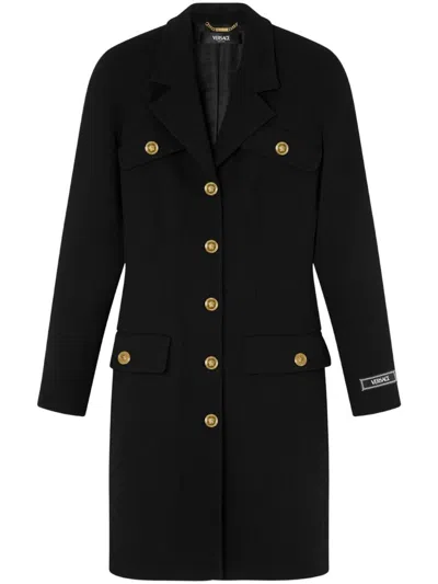 Versace Double Wool Crepe Stretch Single-breasted Coat In Black