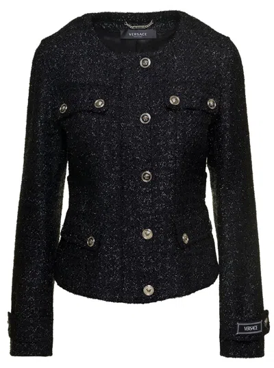 VERSACE BLACK LUREX JACKET WITH 'MEDUSA' SILVER-TONE HARDWARE