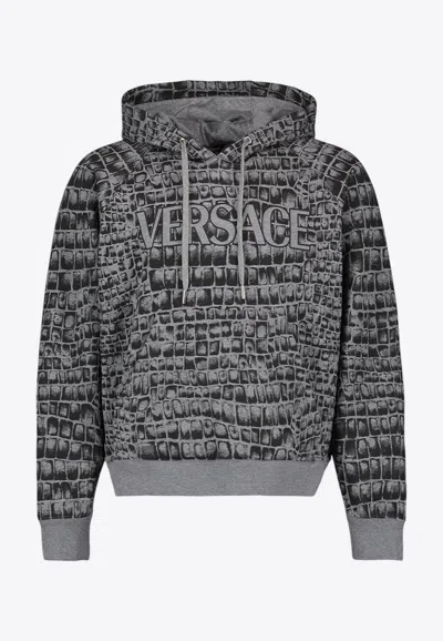 Versace Coccodrilo Hooded Logo Sweatshirt In Gray