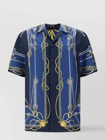 Versace Collar Multicolored Knot Print Shirt With Side Slits In Blue