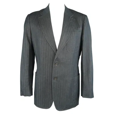 Pre-owned Versace Collection 46 Long Indigo Herringbone Cotton / Linen Sport Coat In Blue