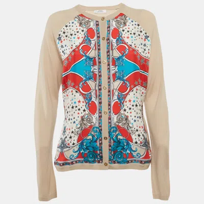 Pre-owned Versace Collection Beige Printed Silk And Knit Cardigan L In Sand
