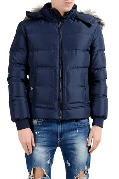Pre-owned Versace Collection Men's Coyote Fur Down Blue Full Zip Hooded Parka Jacket
