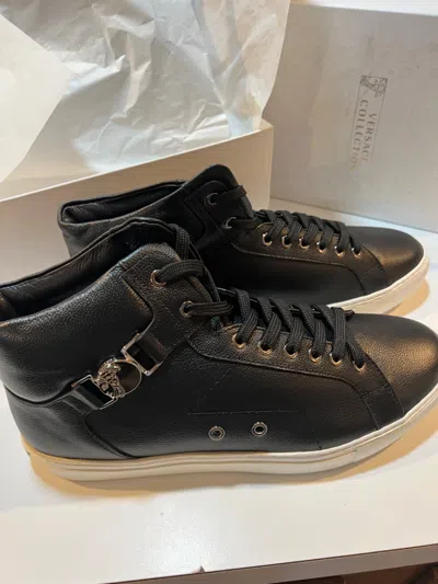 Pre-owned Versace Collection Mens Hi Top Black Leather Sneakers Size 11 Us 44 It