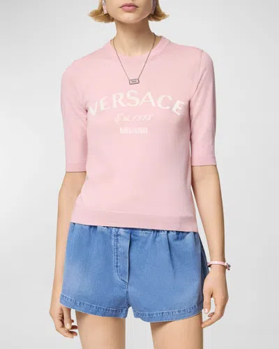Versace College Logo Knit Short-sleeve Wool Sweater In Dusty Rose
