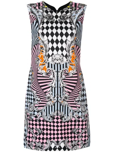 Versace Color Plaid Baroque Printed Dress In Black
