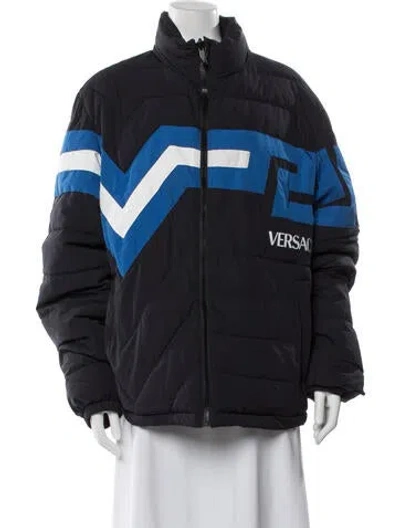 Pre-owned Versace Colorblock Pattern Puffer Coat W/ Tags In Blue