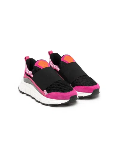 Versace Kids' Colour-block Slip-on Sneakers In Nero/silv/fuchsia