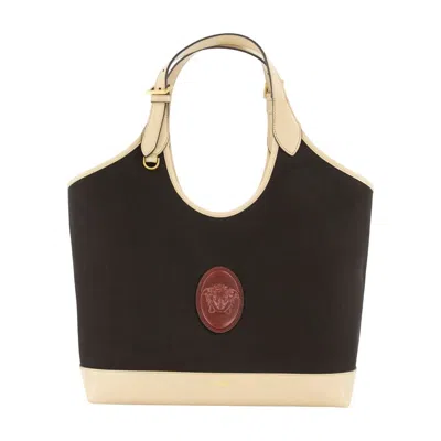 Versace Colour-block Calfskin Tote Bag In Black
