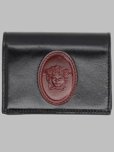Versace Compact Leather Wallet In Black