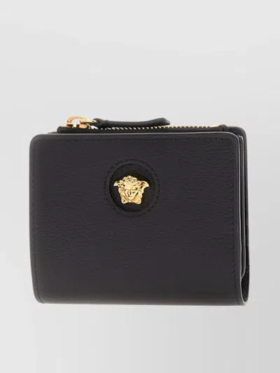 Versace Compact Leather Wallet With Gold Hardware In Black