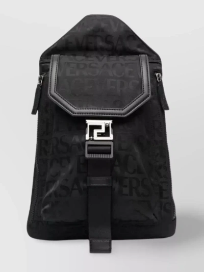 Versace Compact Zippered Logo Backpack In Black