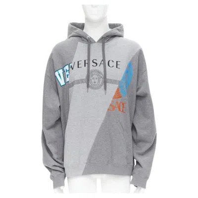 Pre-owned Versace Compilation Deconstructed Mixed Logo Cotton Hoodie Grey Melange Xs In Gray