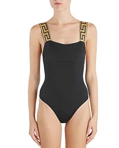 Versace Contrast Straps One Piece Swimsuit In Black