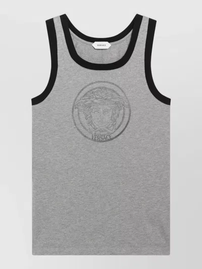 Versace Light Grey Cotton Jersey Tshirt With Logo Print In Gray