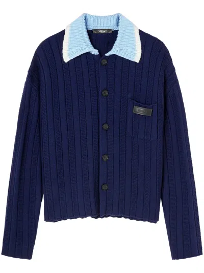 Versace Contrasting Collar Knitted Shirt In Blue