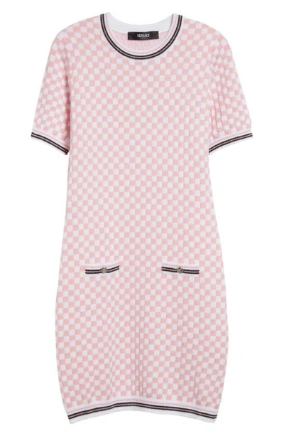 Versace Contrasto Checkerboard Jacquard Sweater Dress In White Pale Pink