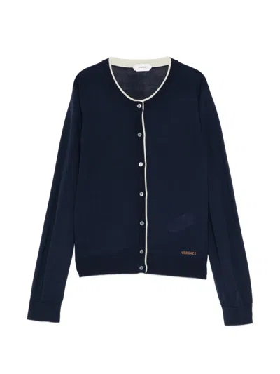 Versace Contrast-trim Button-up Cardigan In Blue