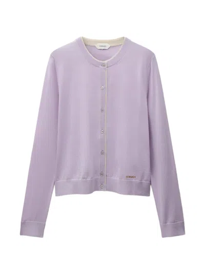 Versace Contrast-trim Logo-embroidered Cardigan In Purple