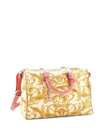Pre-owned Versace Convertible Boston Bag Printed Coated Canvas And Leather Medium Crossbody Bag In Pink