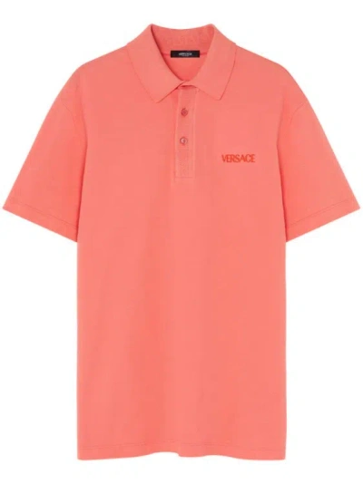 Versace Logo-embroidered Polo Shirt In Orange