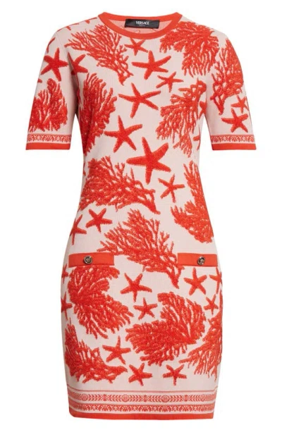 Versace Coral & Starfish Jacquard Sweater Dress In Dusty Rose