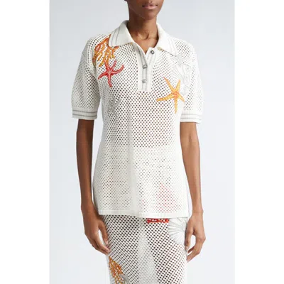 Versace Coral Embroidered Cotton Open Stitch Polo In Ivory