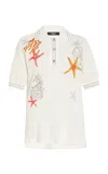 VERSACE CORAL-EMBROIDERED KNIT-COTTON POLO TOP