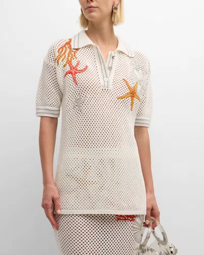 VERSACE CORAL EMBROIDERED SHORT-SLEEVE CROCHET-KNIT POLO SWEATER