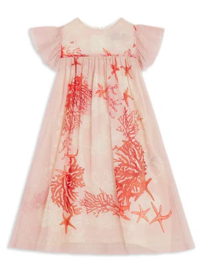 Versace Kids' Coral Starfish Print Flared Dress In Pink