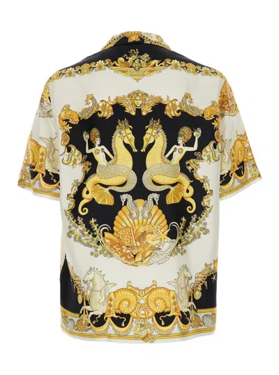 VERSACE 'CORAL TEATER' WHITE BOWLING SHIRT WITH CUBAN COLLAR AND ALL-OVER PRINT IN SILK MAN
