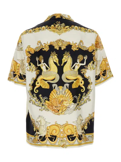 Versace Coral Teater White Bowling Shirt With Cuban Collar And All-over Print In Silk Man