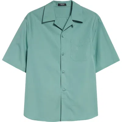 Versace Coral Theater Cotton Poplin & Silk Camp Shirt In Green