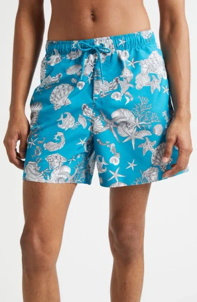 Versace Coral Theater Swim Trunks In Blue