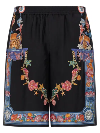 Versace 'coral Theatre' Print Bermuda Shorts In Black