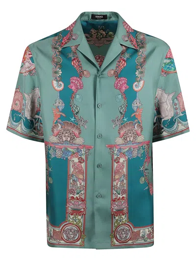 Versace Coral Theatre Print Silk Twill Short-sleeve Shirt In Blue