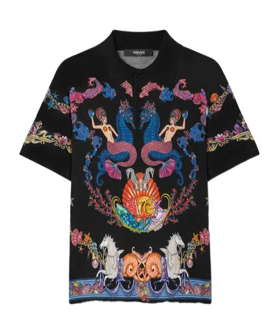 Versace Coral Theatre Silk Knit Polo In Black