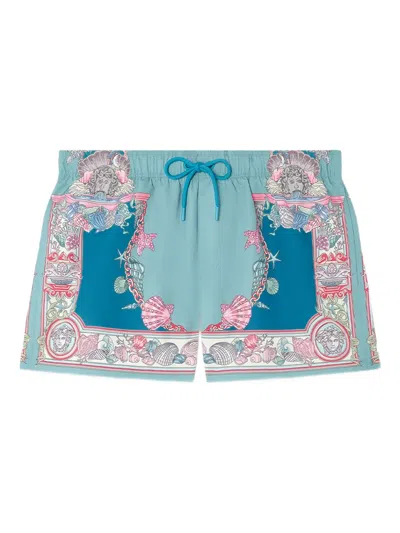 Versace Straight-leg Mid-length Printed Swim Shorts In Blue