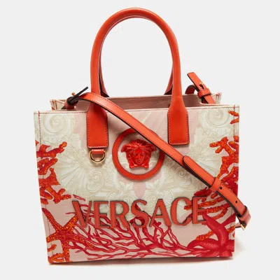 Pre-owned Versace Coral Underwater Barocco Canvas And Leather Small La Medusa Tote In Orange