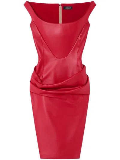 Versace Corset Draped Leather Midi Dress In Red