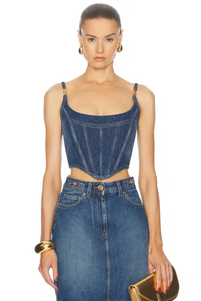 Versace Stone-washed Denim Crop Corset Top In Blue