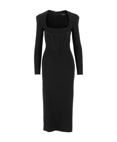 Versace Corset Detail Long Sleeve Jersey Midi Dress In Black