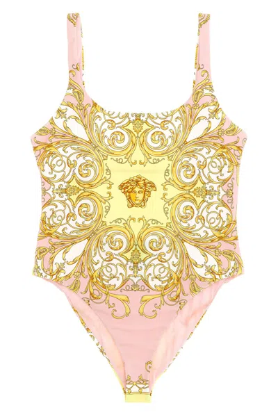 Versace Multicolor One-piece Swimsuit With All-over Medusa Print In Stretch Fabric Woman In Gold