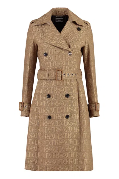 Versace Cotton Blend Trench Coat In Sand