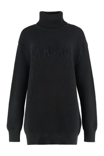Versace Cotton Blend Turtleneck Sweater In Black