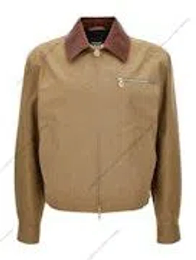 Versace Cotton Canvas With Leather Collar Jacket In Brown