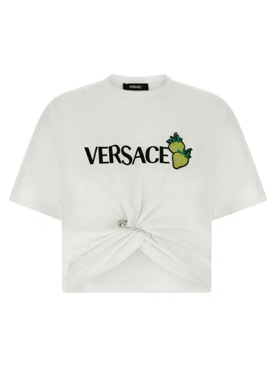 Versace Strawberry Garden Safety Pin Cropped T-shirt In White